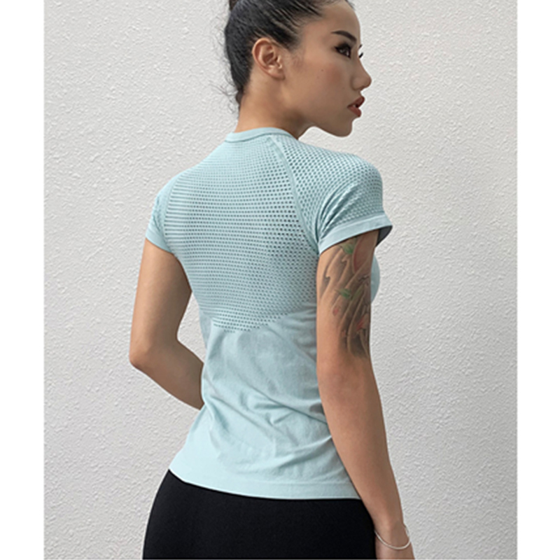 Blusa transpirable de verano de diseño hueco tallado entrenamiento delgado yoga movimiento manga corta